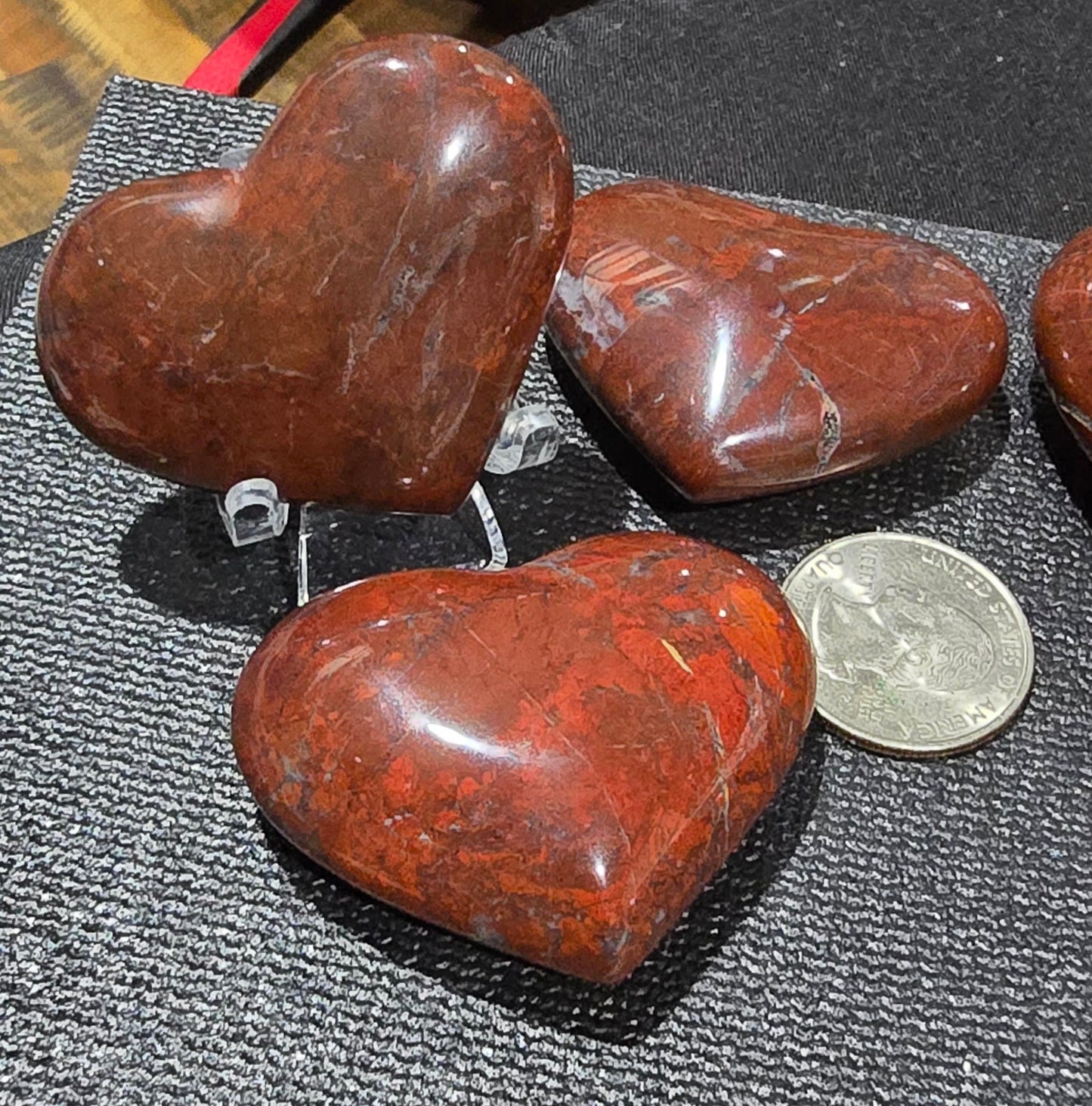 Red Jasper & Hematite Heart Carvings – Polished Natural Stone
