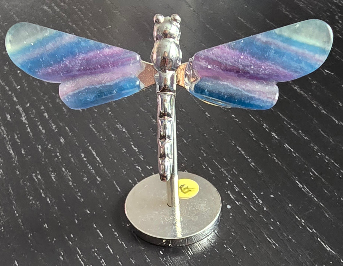 Rainbow Fluorite Dragonfly Wings on Metal Stand specimen - Genuine Nat
