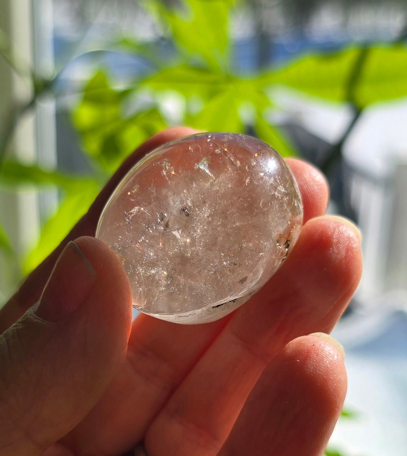 Hand holding polished Gold Rutilated Quartz Lens outdoors