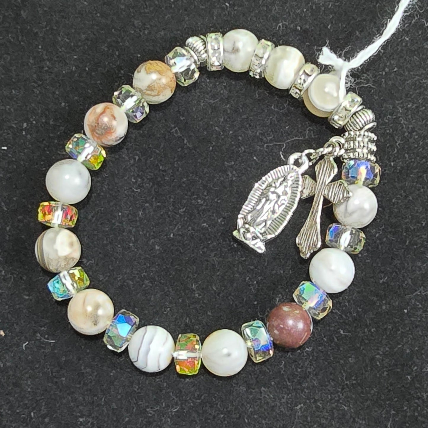 Laguna Lace Agate 8mm Bead Decade Bracelet with Silver Toned Cross & Mary Charm – Natural Stone Jewelry