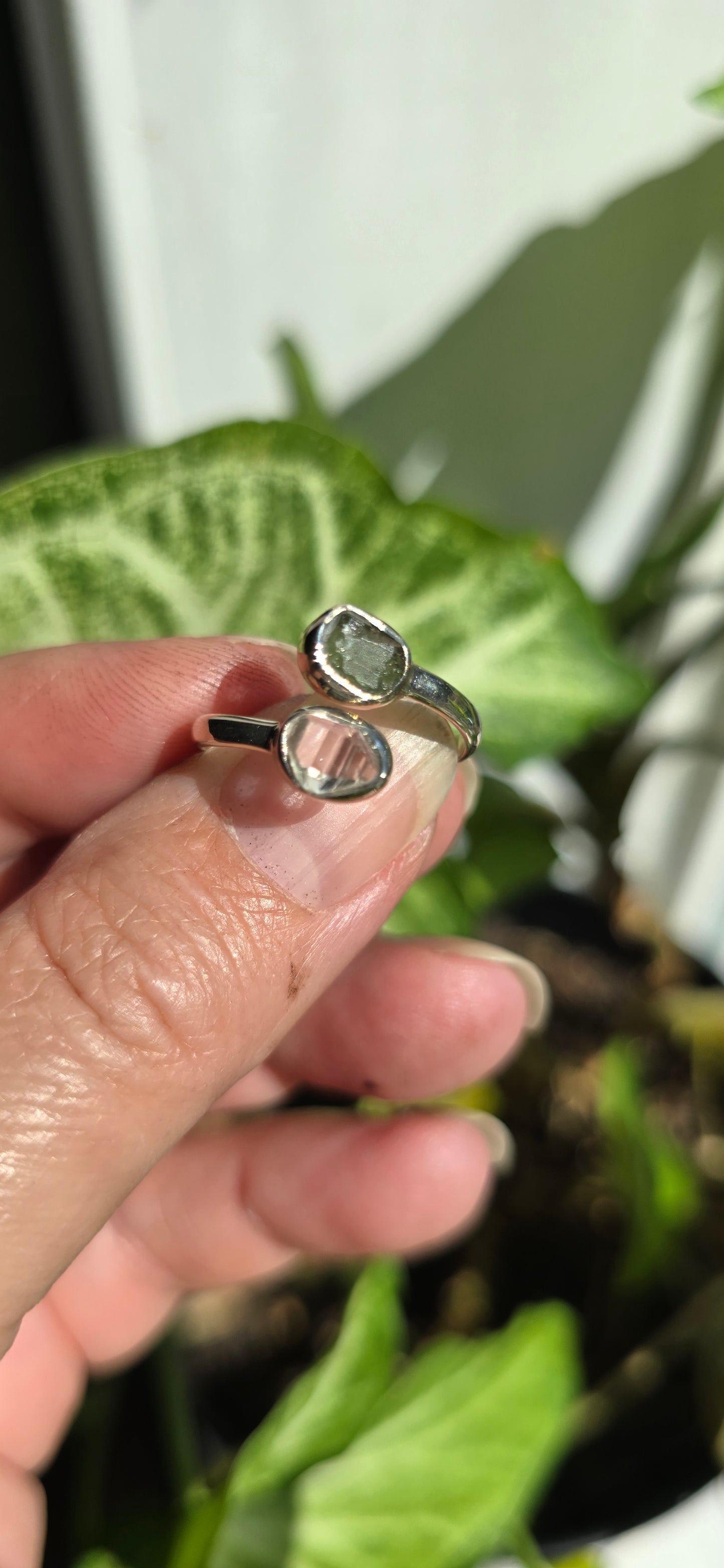 Moldavite and Herkimer Adjustable Ring