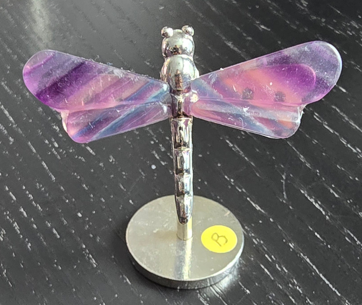 Rainbow Fluorite Dragonfly Wings on Metal Stand specimen - Genuine Nat