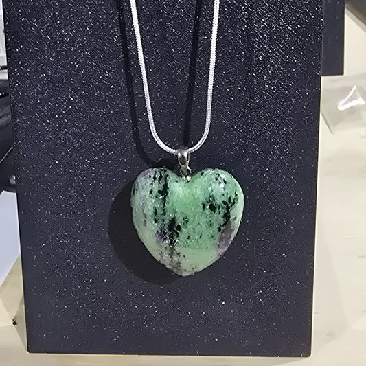 Ruby Zoisite Heart Pendant on 18" Silver Plated Copper Necklace – Natural Stone Jewelry