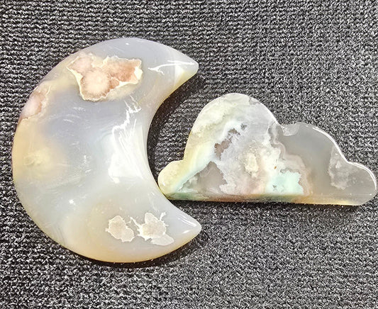 Flower Agate Moon & Cloud Carvings Combo – Natural Mineral Specimen