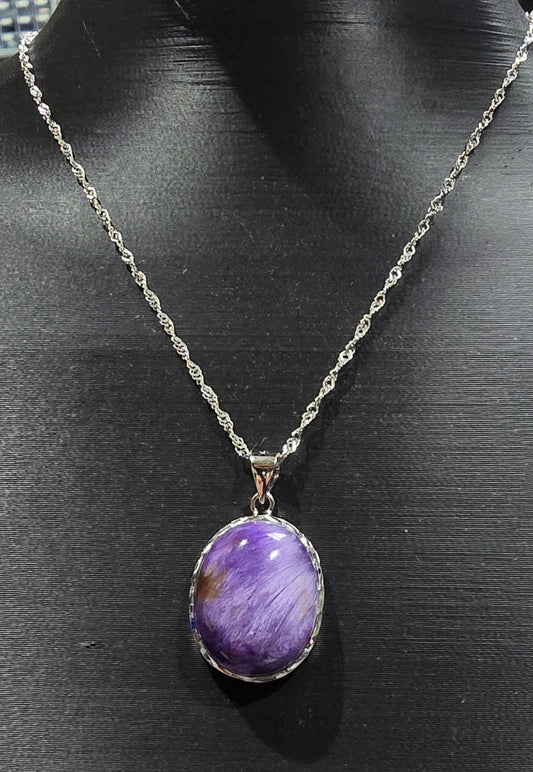 Charoite Oval Pendant with Necklace – #925 Sterling Silver