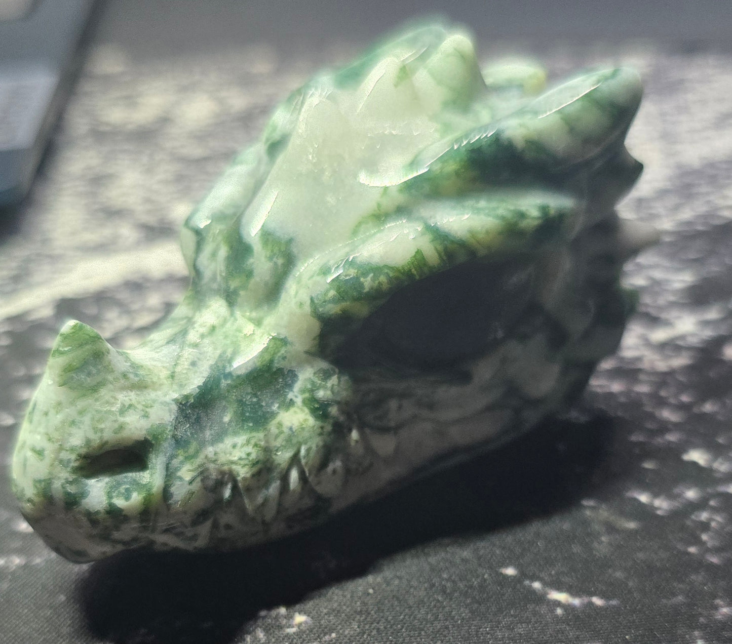 Moss Agate Dragon Skull with Labradorite Eye – Polished Natural Agate
