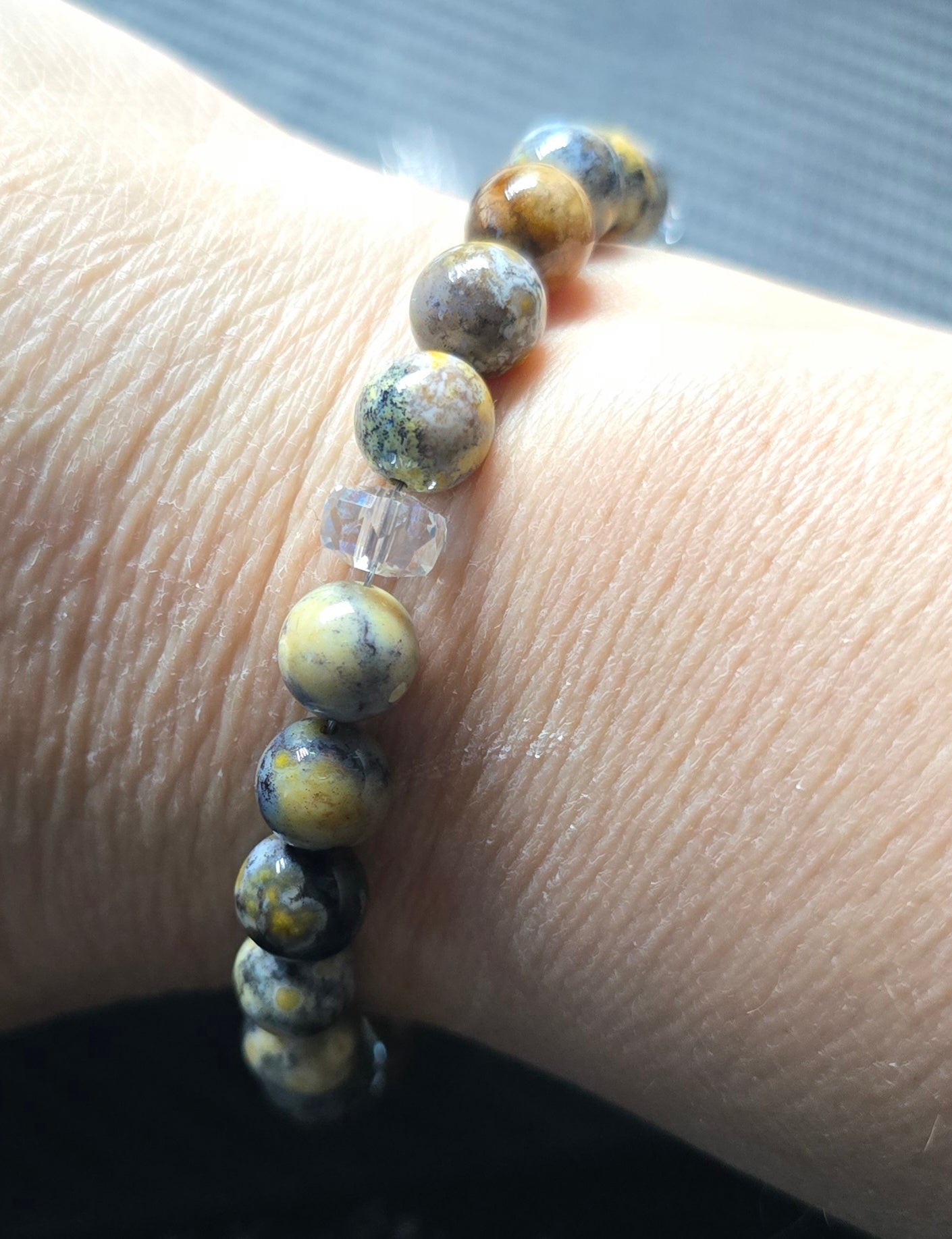Blue Sea Jasper 8mm Beaded Bracelet with Spacers – Hand Crafted Wire Jewelry