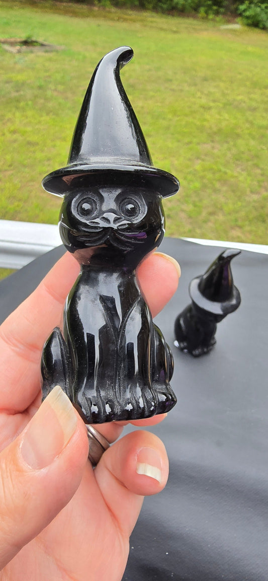 Black Obsidian Cat with Witch’s Hat Carving – Polished Natural Volcanic Glass