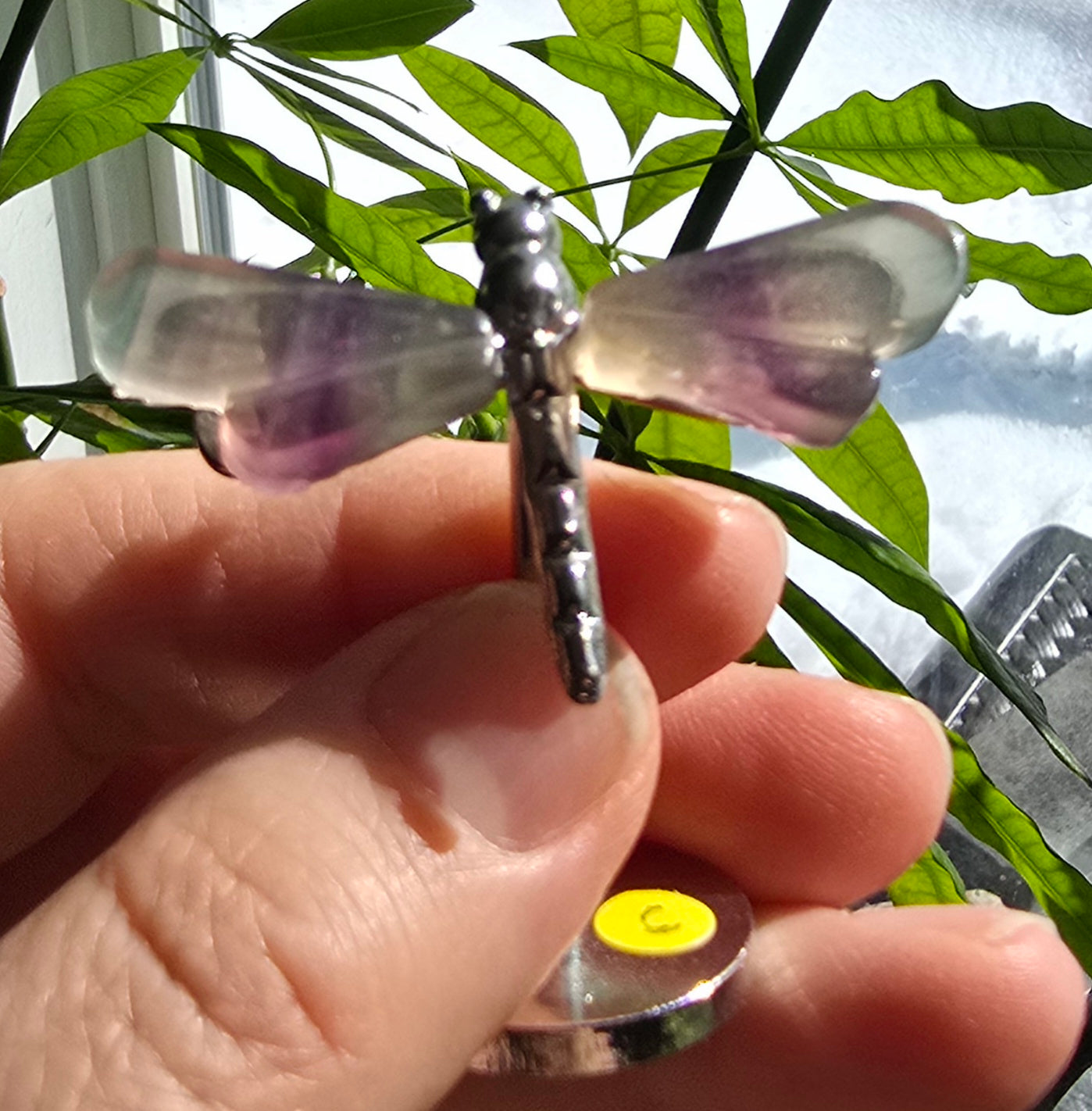 Rainbow Fluorite Dragonfly Wings on Metal Stand specimen - Genuine Nat