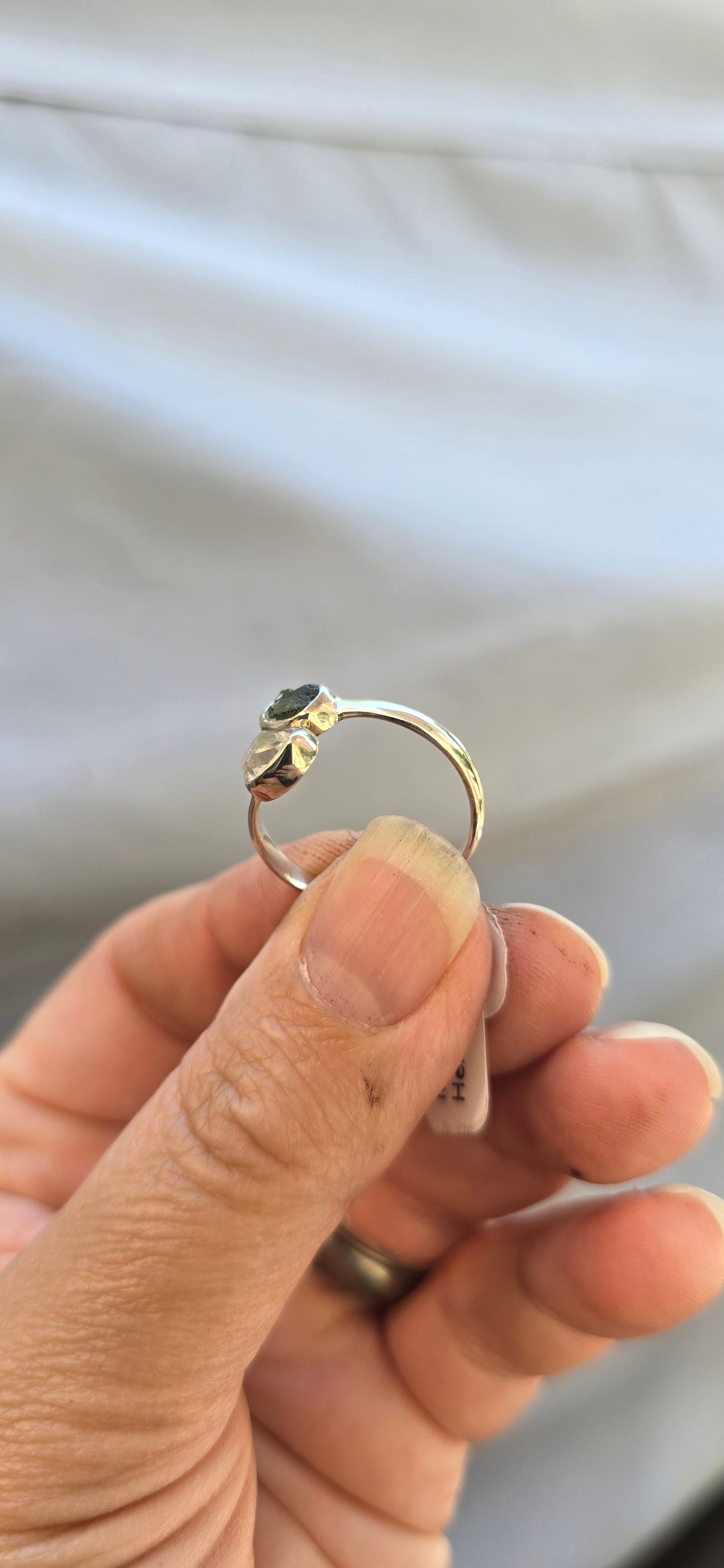 Moldavite and Herkimer Adjustable Ring