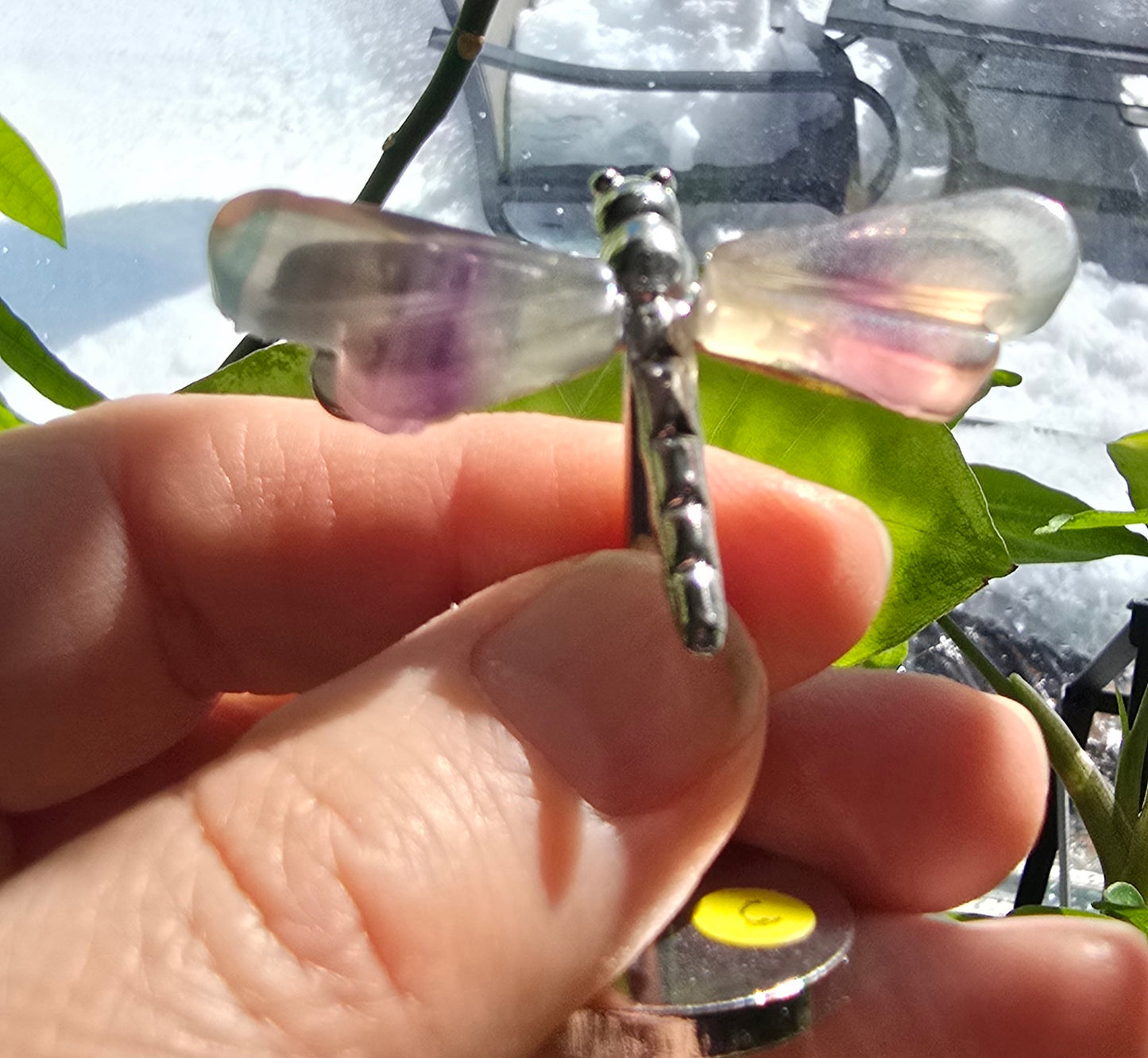 Rainbow Fluorite Dragonfly Wings on Metal Stand specimen - Genuine Nat