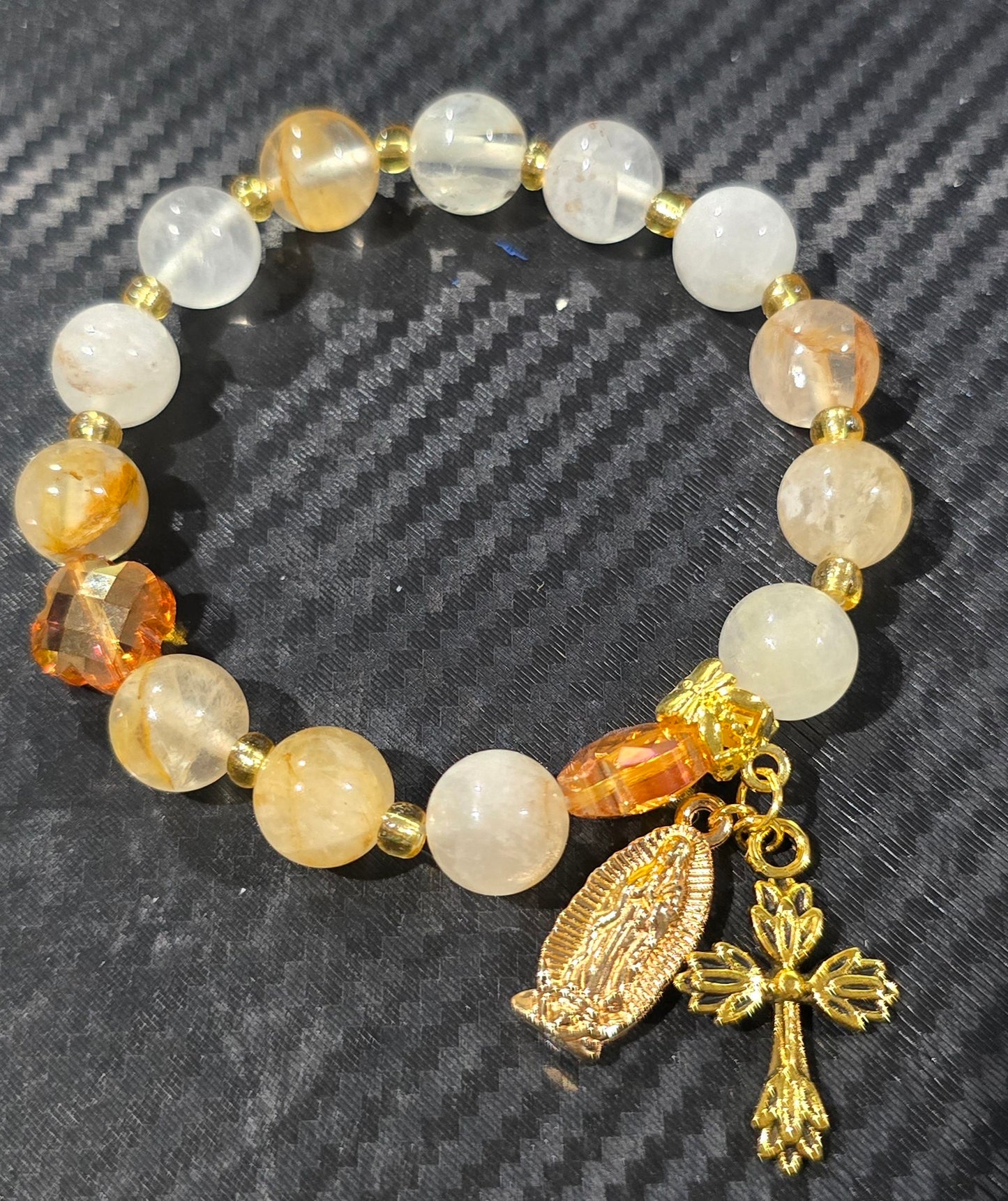 Golden Healer Quartz 10mm Bead Decade Bracelet with Gold Tone Cross & Mary Charm – Natural Stone Jewelry