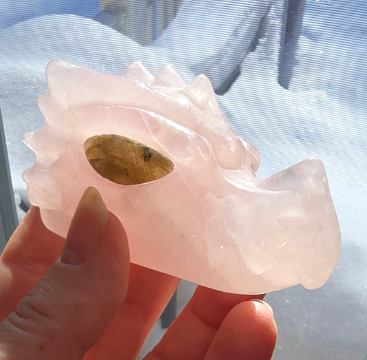Rose Quartz Dragon Skull Carving with Labradorite Eyes – Polished Natural Stone