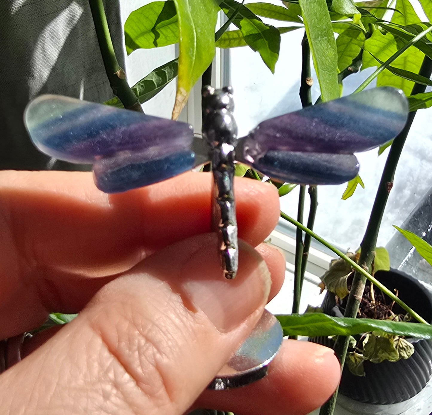 Rainbow Fluorite Dragonfly Wings on Metal Stand specimen - Genuine Nat