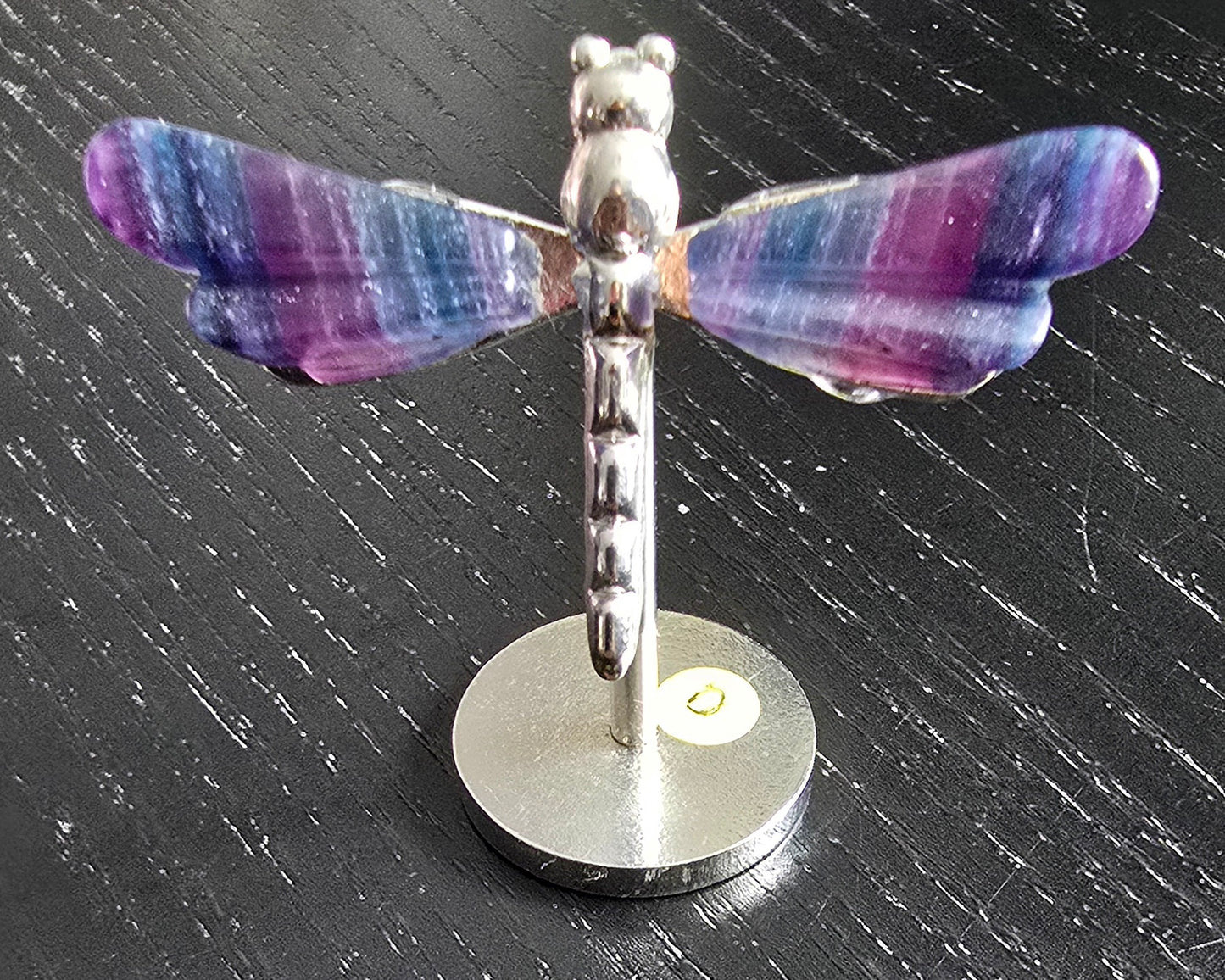 Rainbow Fluorite Dragonfly Wings on Metal Stand specimen - Genuine Nat