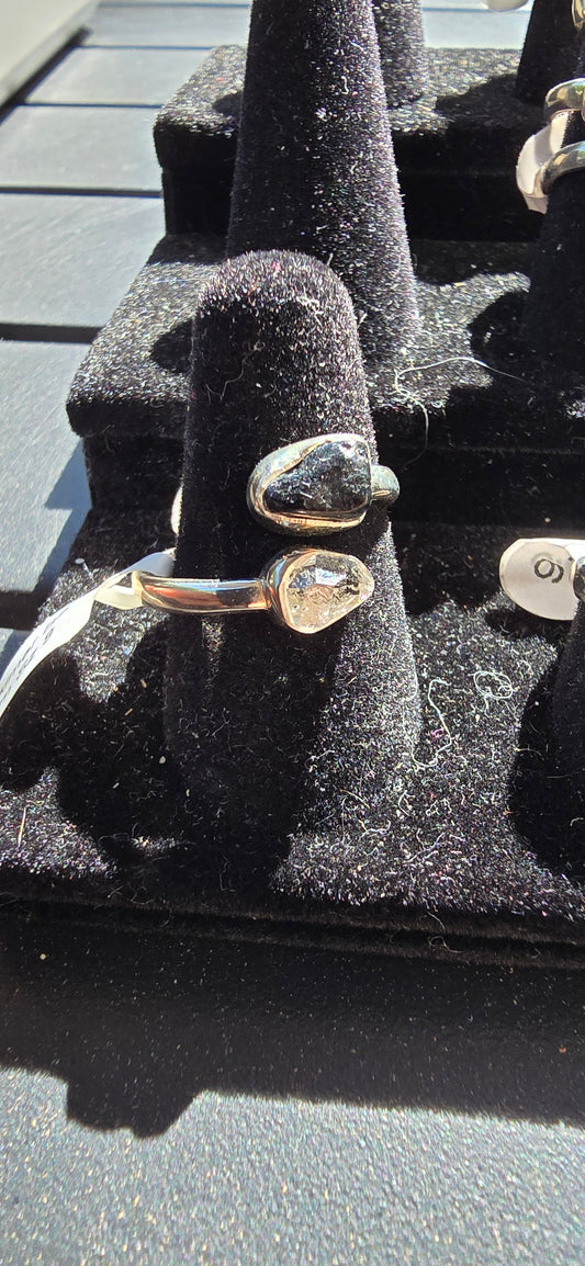 Adjustable Black Tourmaline and Herkimer ring.