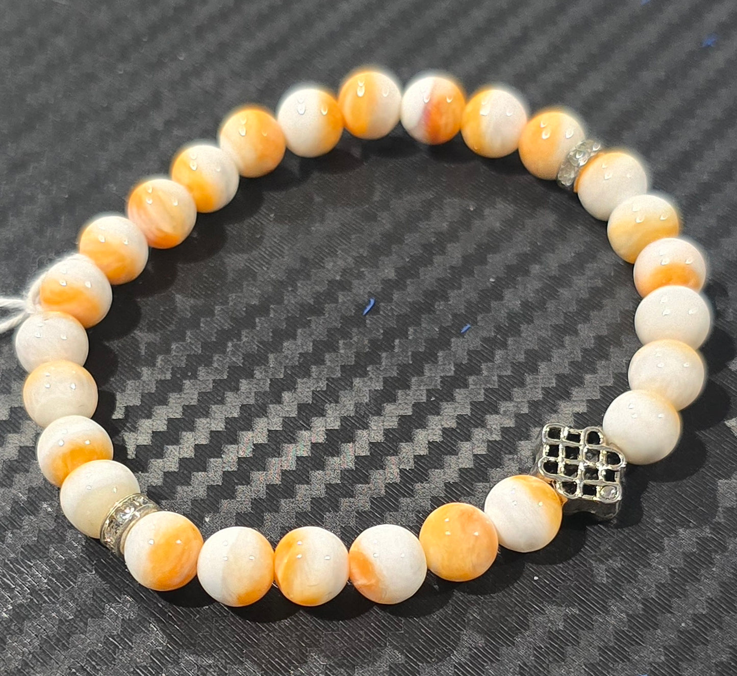 Spiny Oyster Shell 6mm Beaded Bracelet with Silver Toned Spacers – Natural Shell Jewelry