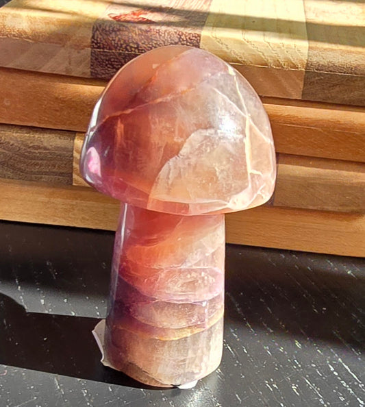 Rainbow fluorite mushroom carving with purple green and blue banding polished natural stone