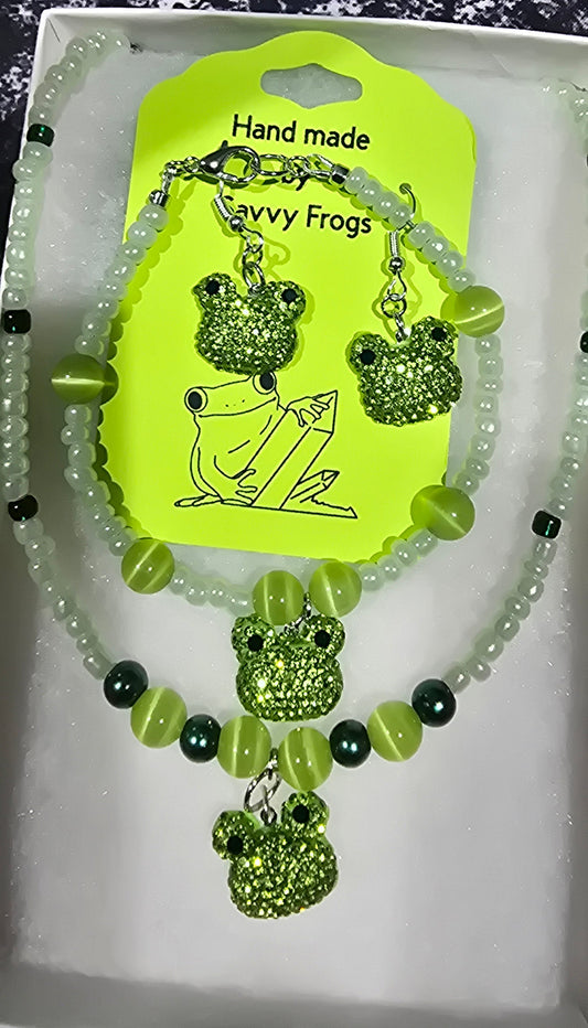 Frog Charm Jewelry Set with Cat’s Eye Beads – Necklace, Bracelet & Earrings