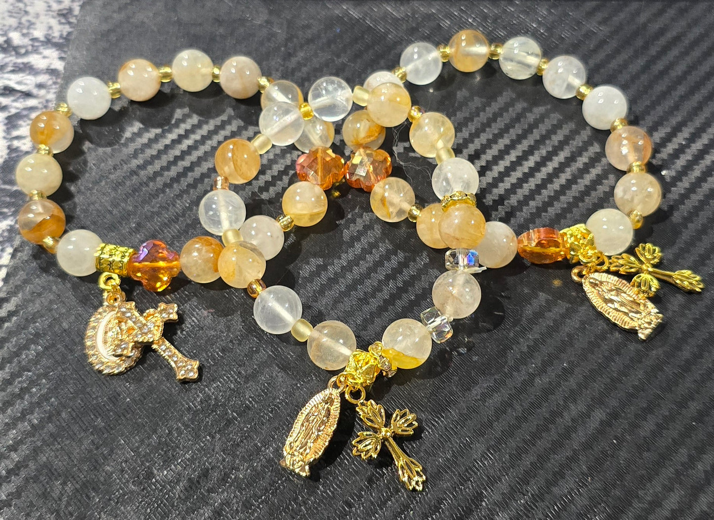 Golden Healer Quartz 10mm Bead Decade Bracelet with Gold Tone Cross & Mary Charm – Natural Stone Jewelry
