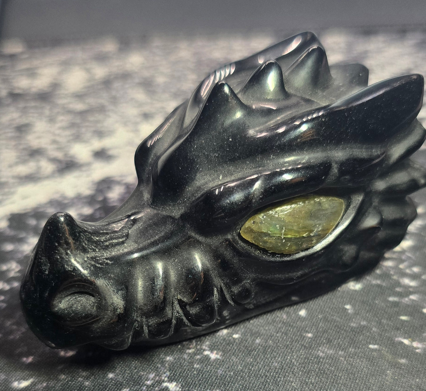 Black Obsidian Dragon Skull with Labradorite Eyes – Polished Natural Volcanic Glass