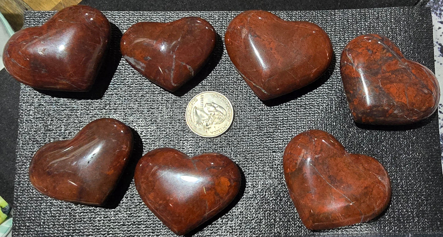 Red Jasper & Hematite Heart Carvings – Polished Natural Stone