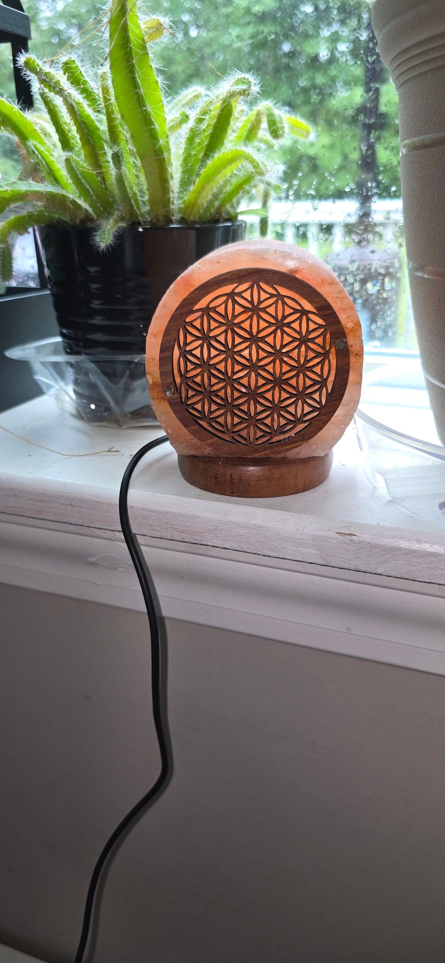 Himalayan Salt Lamp With Carved Wood Sheet Flower Of Life Design, Salt Lamp