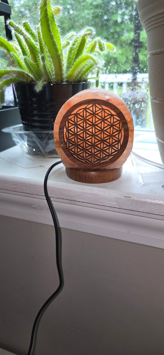 Himalayan Salt Lamp With Carved Wood Sheet Flower Of Life Design, Salt Lamp