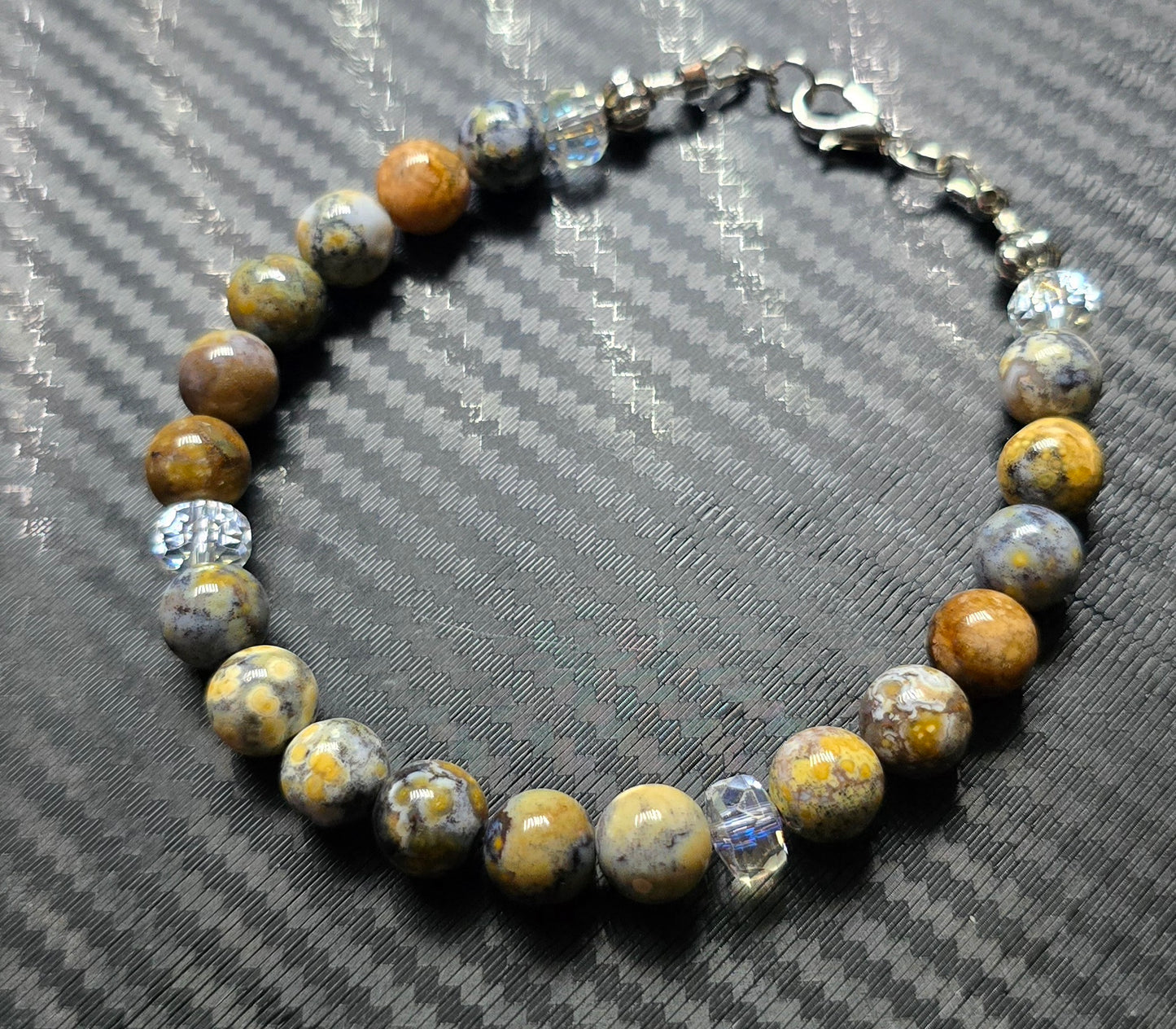 Blue Sea Jasper 8mm Beaded Bracelet with Spacers – Hand Crafted Wire Jewelry