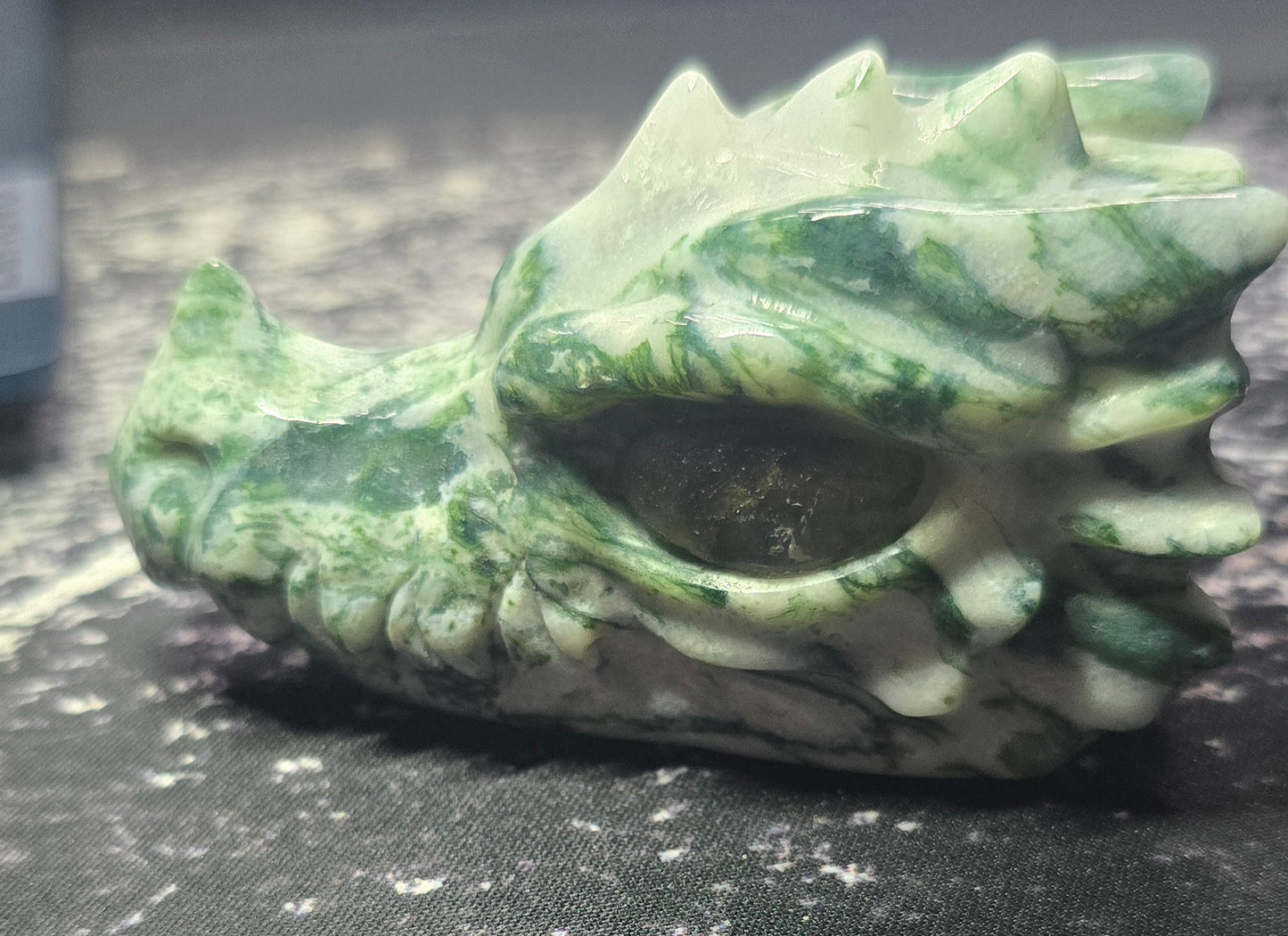 Moss Agate Dragon Skull with Labradorite Eye – Polished Natural Agate
