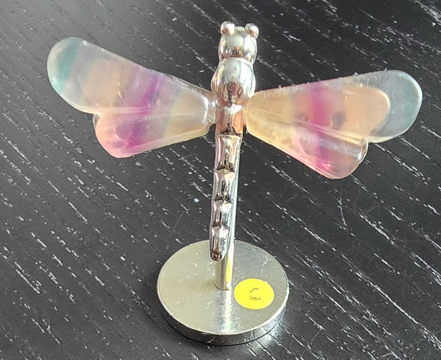 Rainbow Fluorite Dragonfly Wings on Metal Stand specimen - Genuine Nat