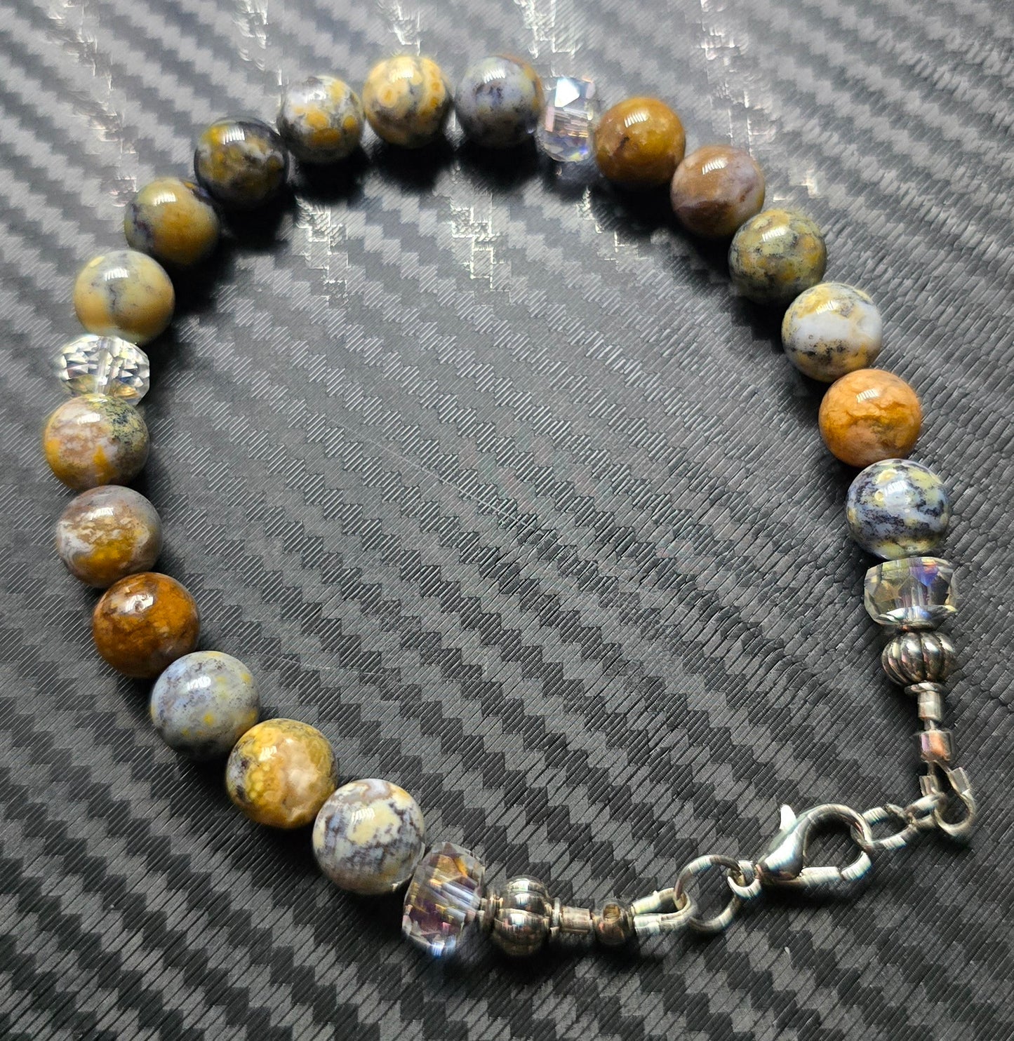 Blue Sea Jasper 8mm Beaded Bracelet with Spacers – Hand Crafted Wire Jewelry