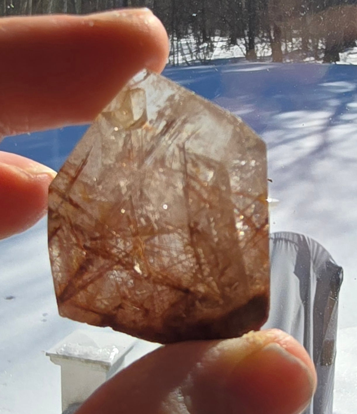 Polished Copper Rutilated Quartz Free-Form highlighting rutile details