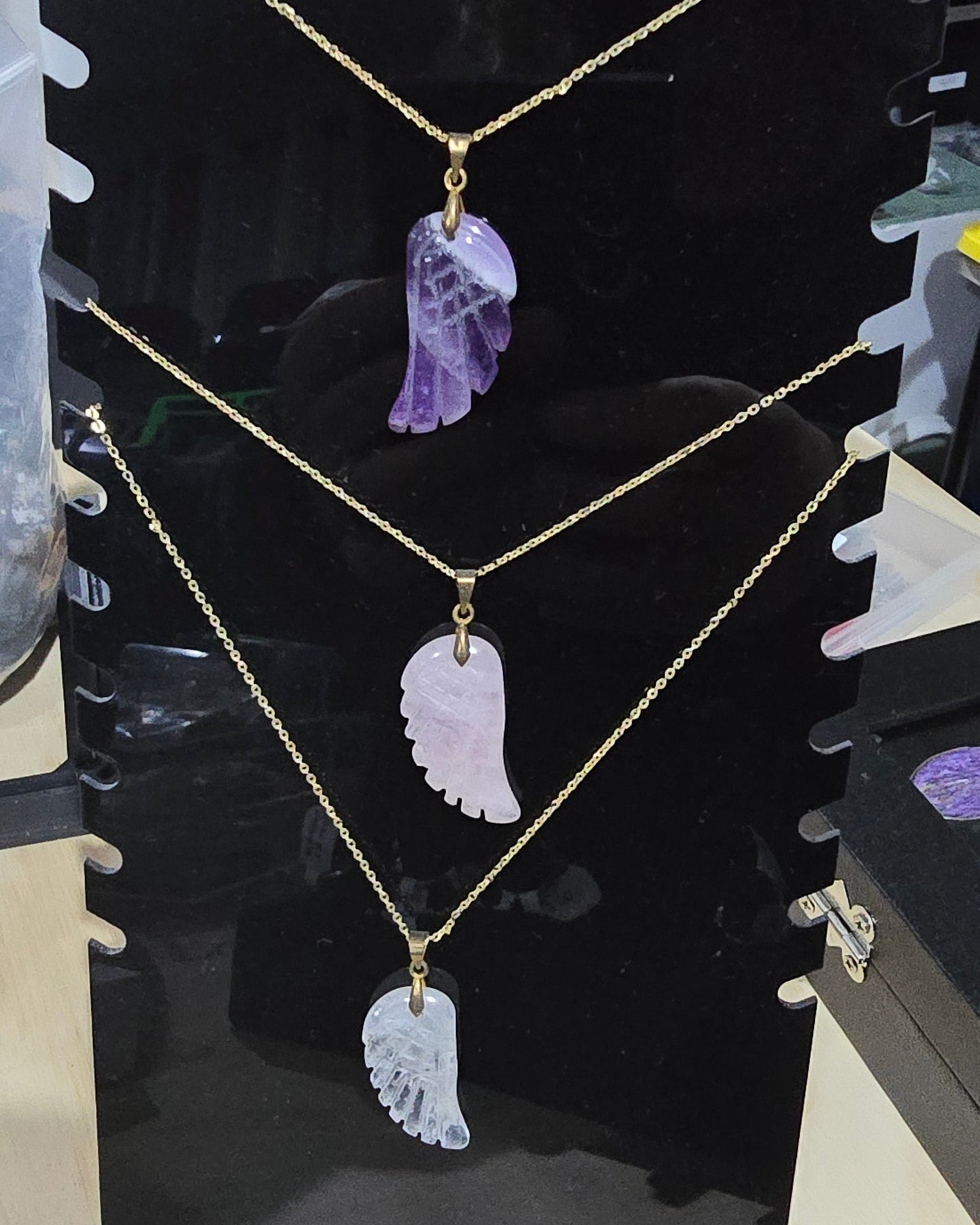 Angel Wing Pendant Necklace on Gold Finished Brass Chain – Natural Stone Jewelry