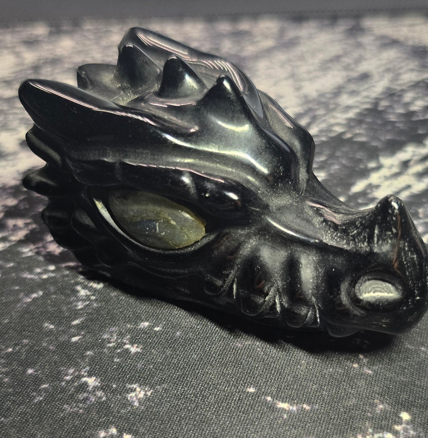 Black Obsidian Dragon Skull with Labradorite Eyes – Polished Natural Volcanic Glass