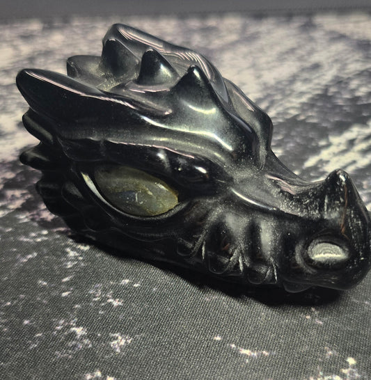 Black Obsidian Dragon Skull with Labradorite Eyes – Polished Natural Volcanic Glass