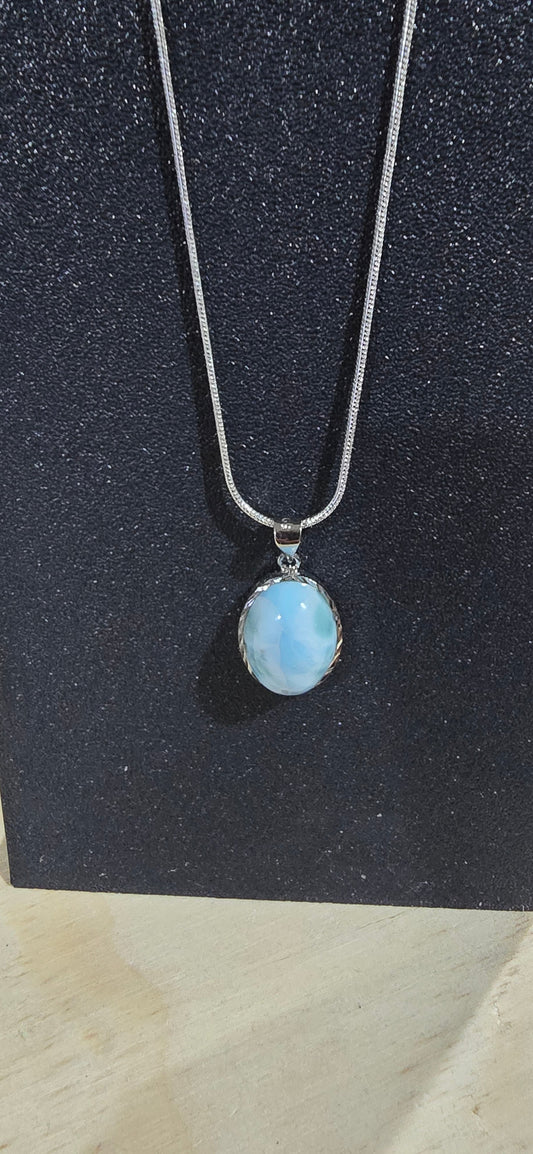 Larimar Oval Pendant on 18" Silver Plated Copper Necklace – Natural Stone Jewelry