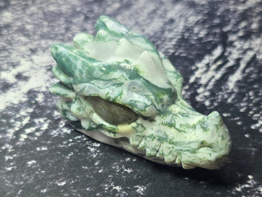 Moss Agate Dragon Skull with Labradorite Eye – Polished Natural Agate