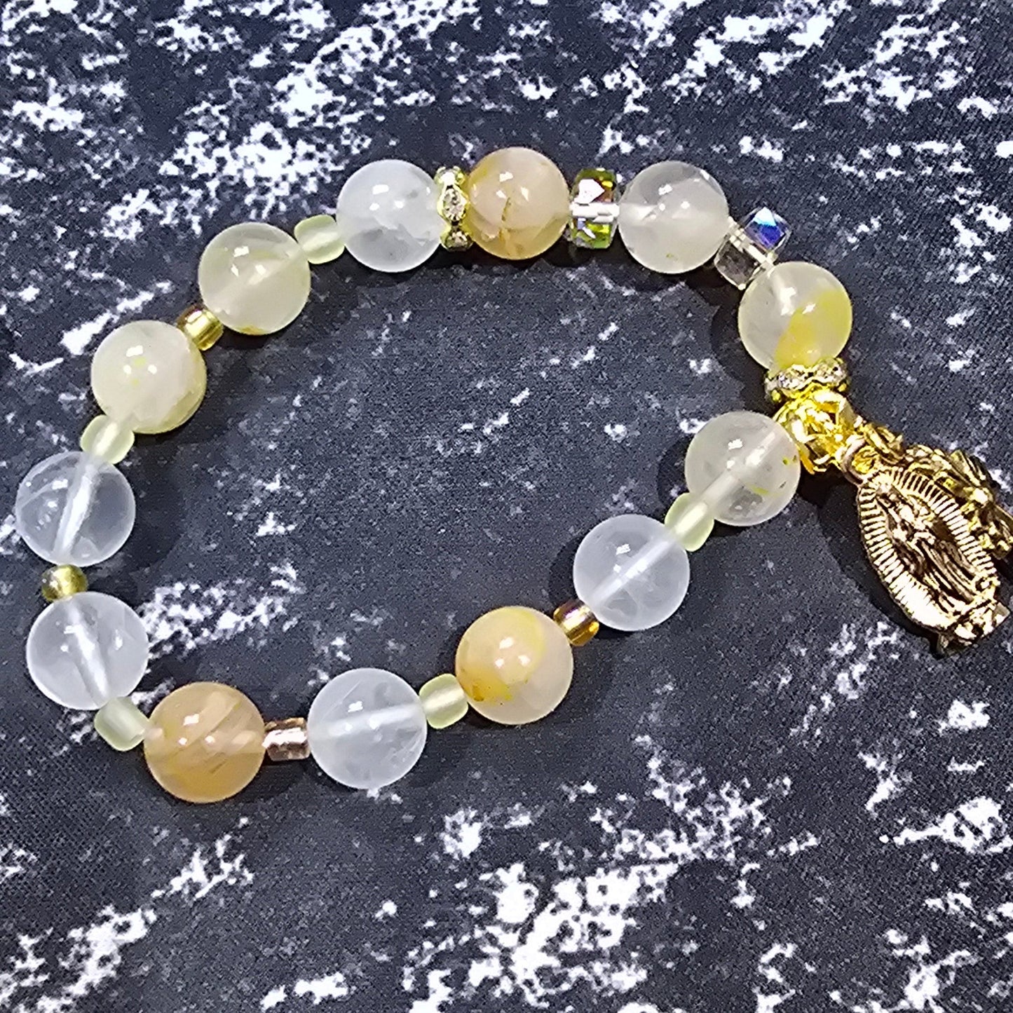 Golden Healer Quartz 10mm Bead Decade Bracelet with Gold Tone Cross & Mary Charm – Natural Stone Jewelry