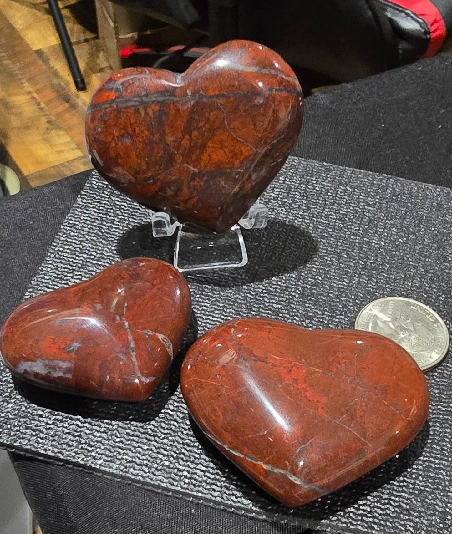 Red Jasper & Hematite Heart Carvings – Polished Natural Stone